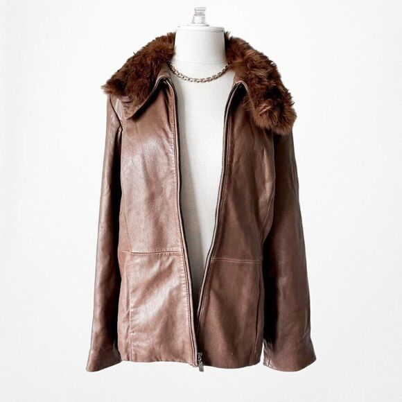 Vintage Y2K Anne Klein Brown Rabbit Fur Genuine Leather Moto Jacket Coat Size L - Picture 4 of 8